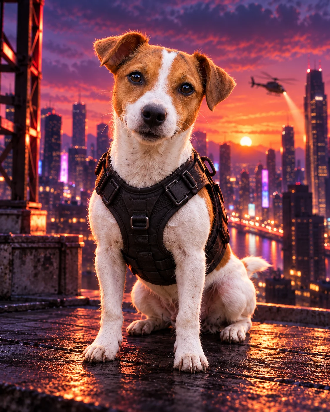 The same Jack Russell transformed into a neon city Recast